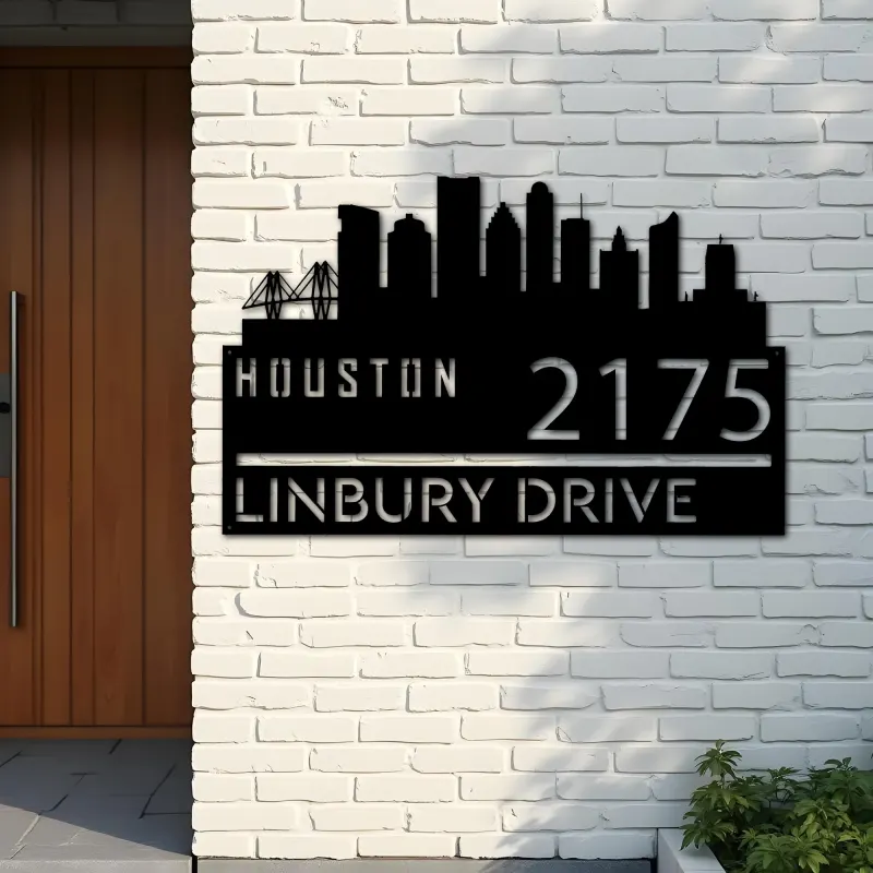 Custom Metal Houston city skyline Metal Address Sign Hanging Address Plaque house number Yard Outdoor Sign