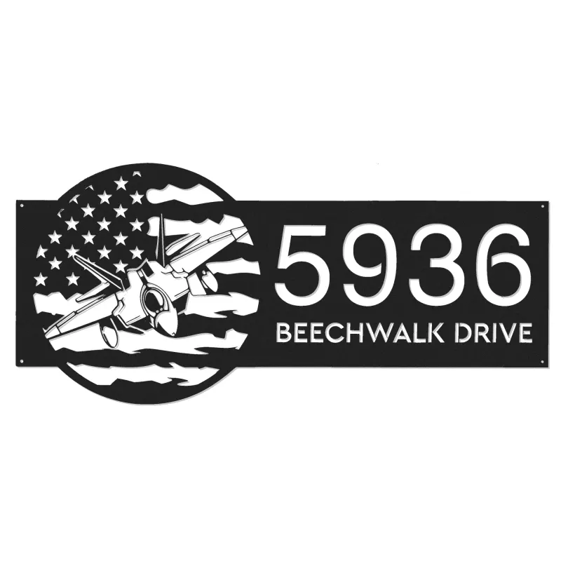 Custom Metal Airplane jet on US flag Metal Address Sign House number Hanging Address Plaque Yard Sign Outdoor