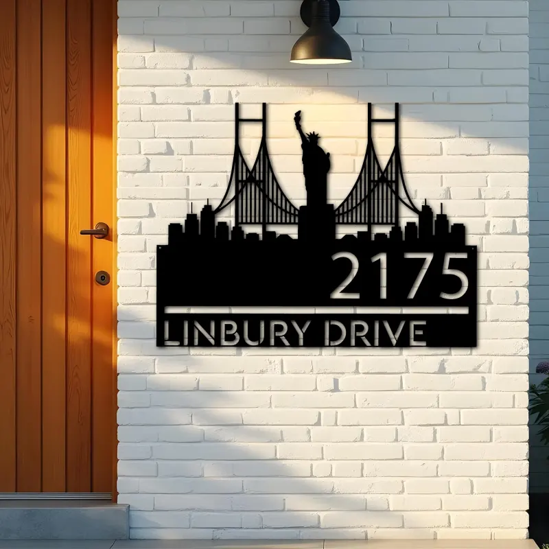 Custom Metal New York Statue of liberty city skyline Metal Address Sign Hanging Address Plaque house number Yard Outdoor Sign