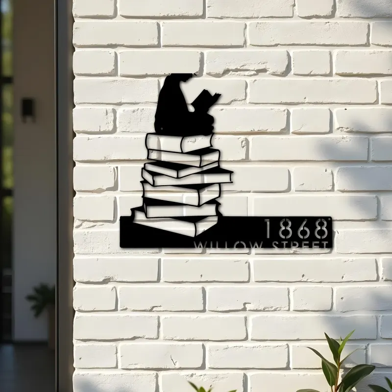 Custom Metal Girl Reading Book Book Lover Metal Address Sign, House number, Outdoor Number Signage, Yard Sign Address Plate