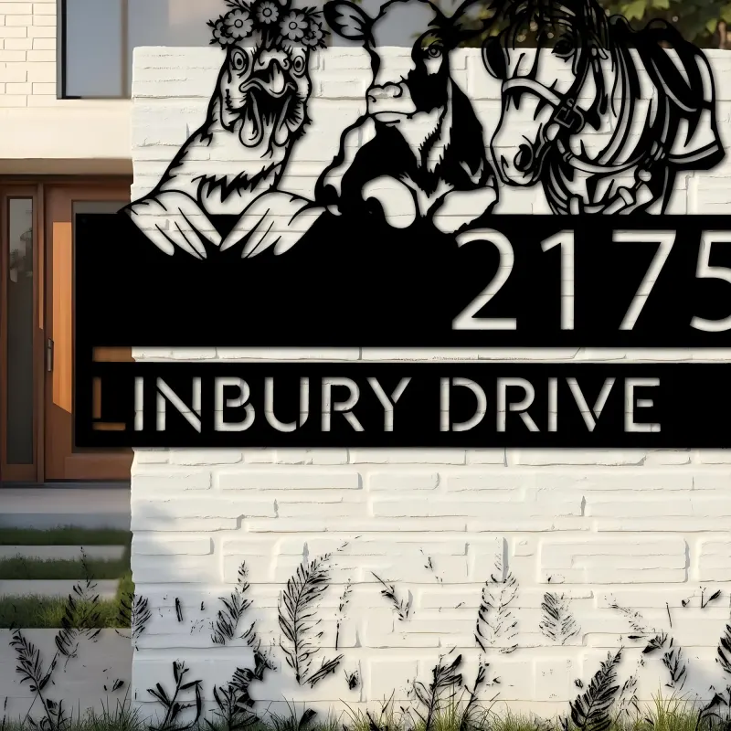 Custom Metal Chicken Cow horse farmhouse farm animals Metal Address Sign, House number, Outdoor Number Signage, Yard Sign Address Plate