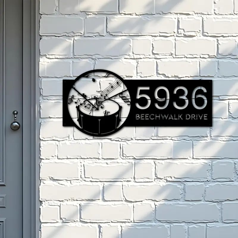 Custom Metal Drum music notes Metal Address Sign Custom House number Hanging Address Plaque Yard Sign Outdoor Sign