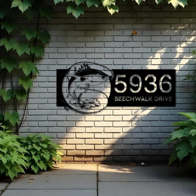Custom Metal Tuna fishing rod bait hook Metal Address Sign, House number, Outdoor Number Signage, Yard Sign Address Plate