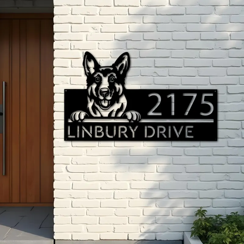 Custom Metal German Shepherd dog Puppy Metal Address Sign House number Hanging Address Plaque Yard Sign Outdoor decor