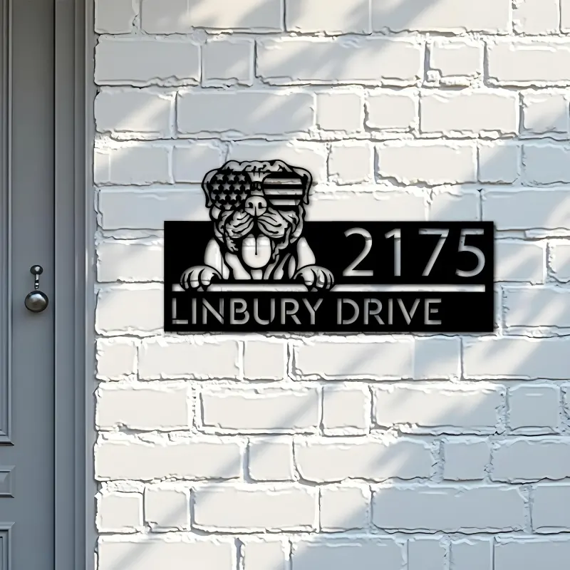 Custom Metal Mastiff dog US flag glasses Metal Address Sign House number Hanging Address Plaque Yard Sign Outdoor decor