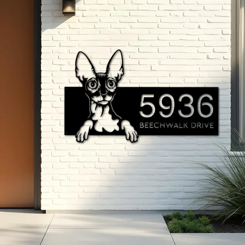 Custom Metal Cornish rex Cute peeking cat kitten Metal Address Sign, House number, Outdoor Number Signage, Yard Sign Address Plate