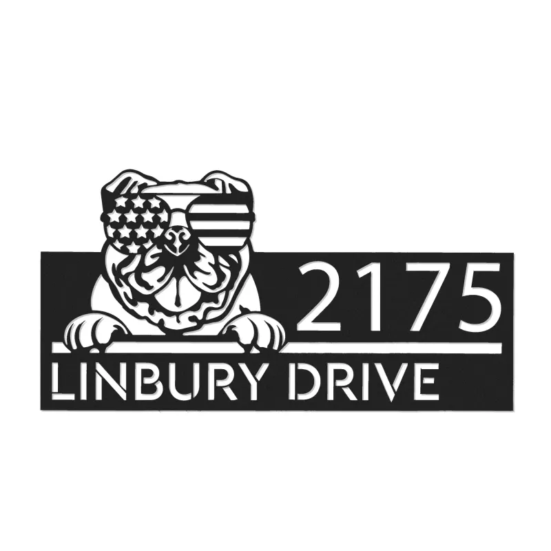 Custom Metal English Bulldog dog US flag glasses Metal Address Sign House number Hanging Address Plaque Yard Sign Outdoor decor