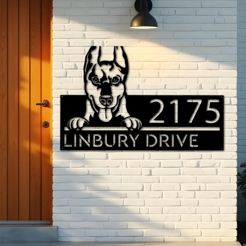 Custom Metal Doberman dog Puppy Metal Address Sign House number Hanging Address Plaque Yard Sign Outdoor decor