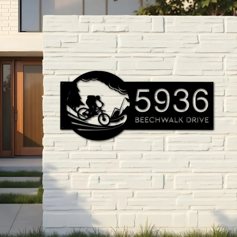 Custom Metal Mountain Bike Bicycle Cyclist Metal Address Sign, House number, Outdoor Number Signage, Yard Sign Address Plate