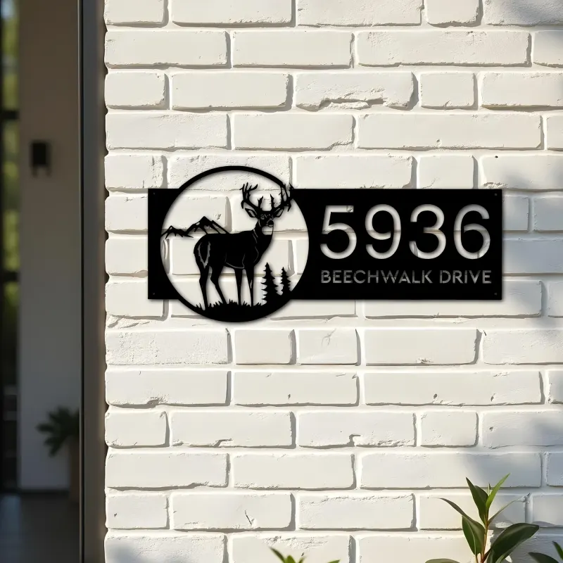 Custom Metal Deer buck mountain scene Metal Address Sign, House number, Outdoor Number Signage, Yard Sign Address Plate