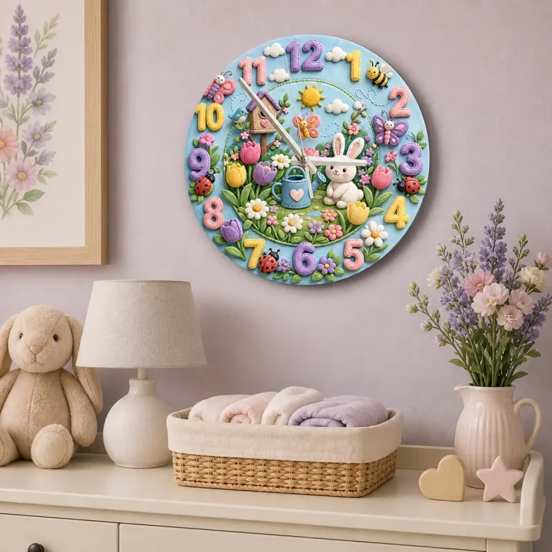 Spring Garden Bunny Kids Room Wall Clock