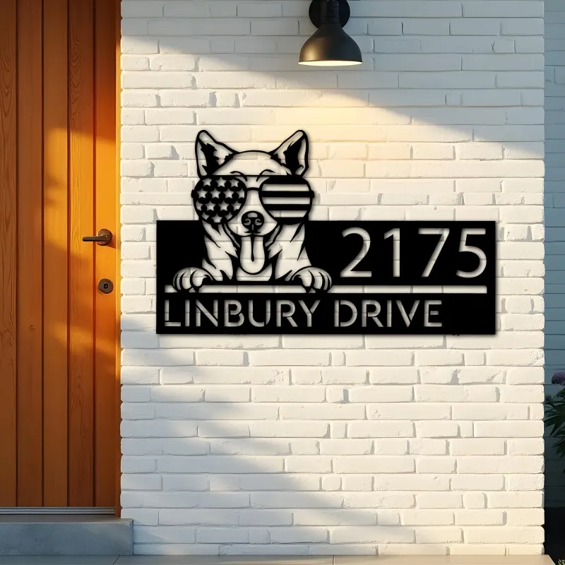 Custom Metal Shiba Inu dog US flag glasses Metal Address Sign House number Hanging Address Plaque Yard Sign Outdoor decor