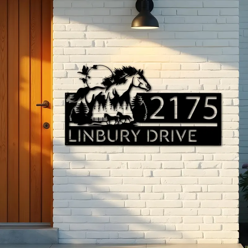 Custom Metal Running horse mountain forest scene Metal Address Sign, House number, Outdoor Number Signage, Yard Sign Address Plate