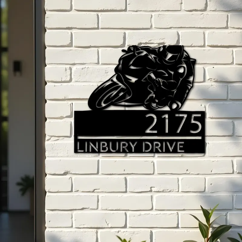 Custom Metal Motobike rider biker Metal Address Sign, House number, Outdoor Number Signage, Yard Sign Address Plate