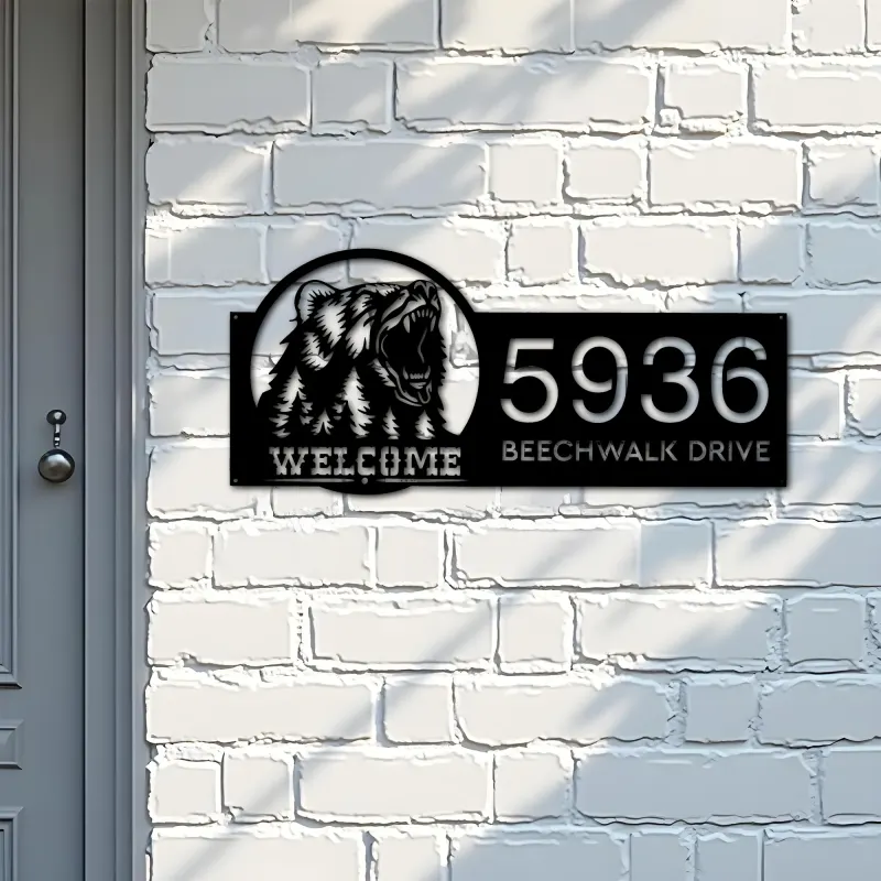 Custom Metal Bear forest scene wild life animal welcome Metal Address Sign, House number, Outdoor Number Signage, Yard Sign Address Plate