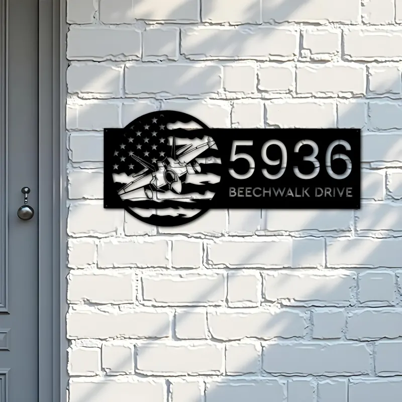 Custom Metal Airplane jet on US flag Metal Address Sign House number Hanging Address Plaque Yard Sign Outdoor