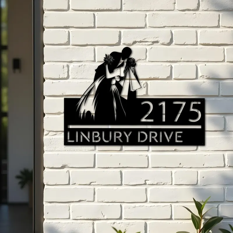 Custom Metal Kissing bride and groom Metal Address Sign, House number, Outdoor Number Signage, Yard Sign Address Plate