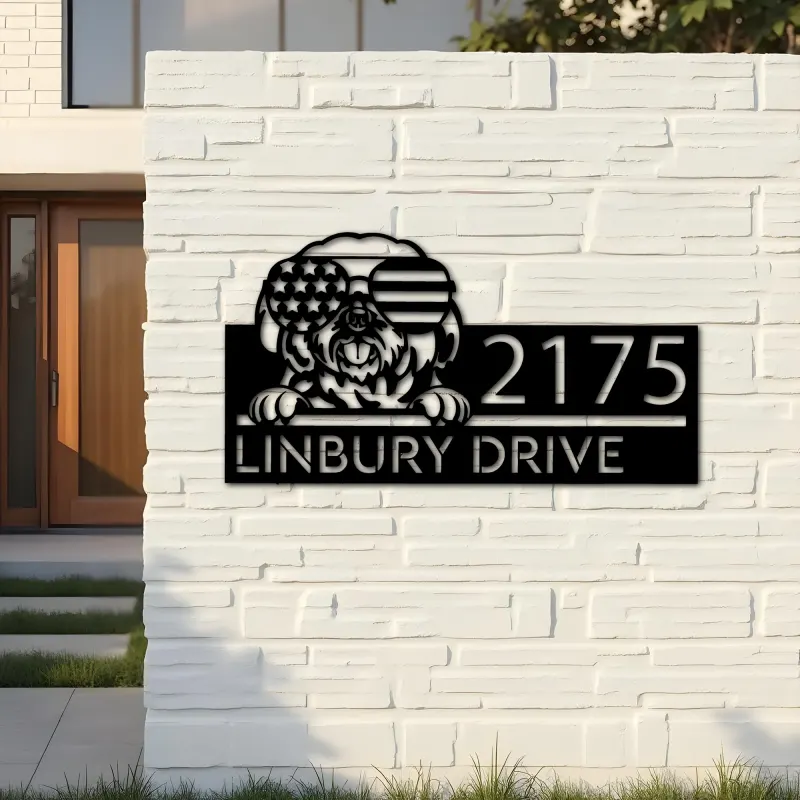 Custom Metal Shih Tzu dog US flag glasses Metal Address Sign House number Hanging Address Plaque Yard Sign Outdoor decor