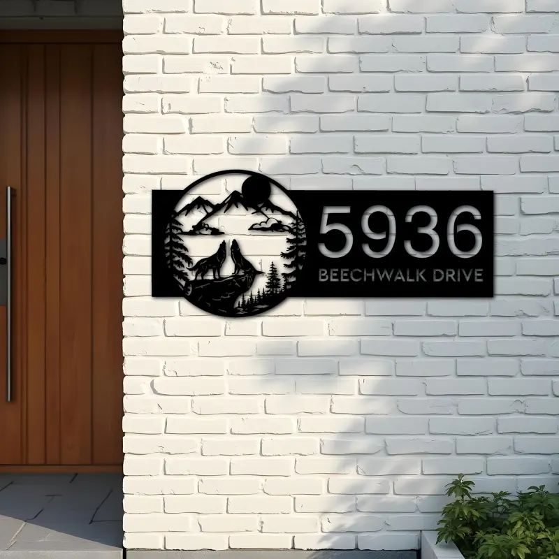 Custom Metal Howling Wolves on Cliff Mountains Metal Address Sign Custom House number Hanging Address Plaque Yard Sign Outdoor