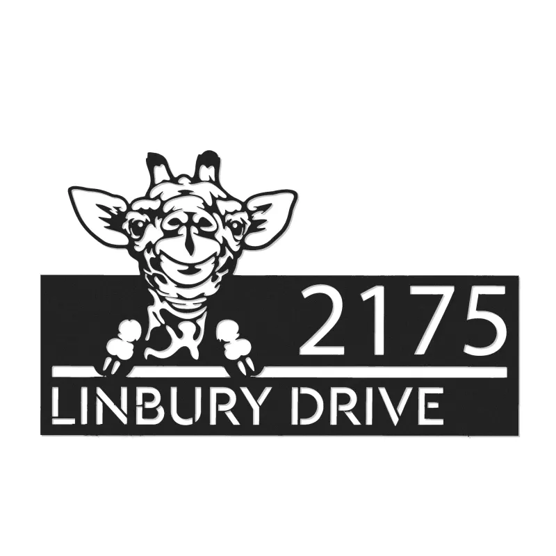 Custom Metal Peeking Giraffe Wild animal wildlife Metal Address Sign, House number, Outdoor Number Signage, Yard Sign Address Plate