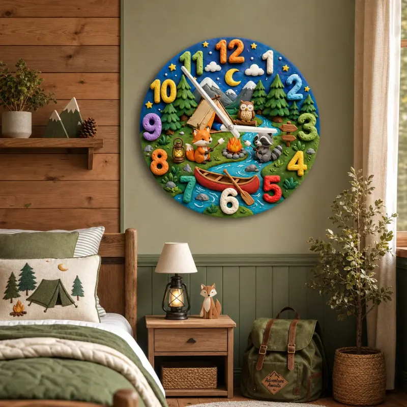Woodland Camping Adventure Kids Room Wall Clock