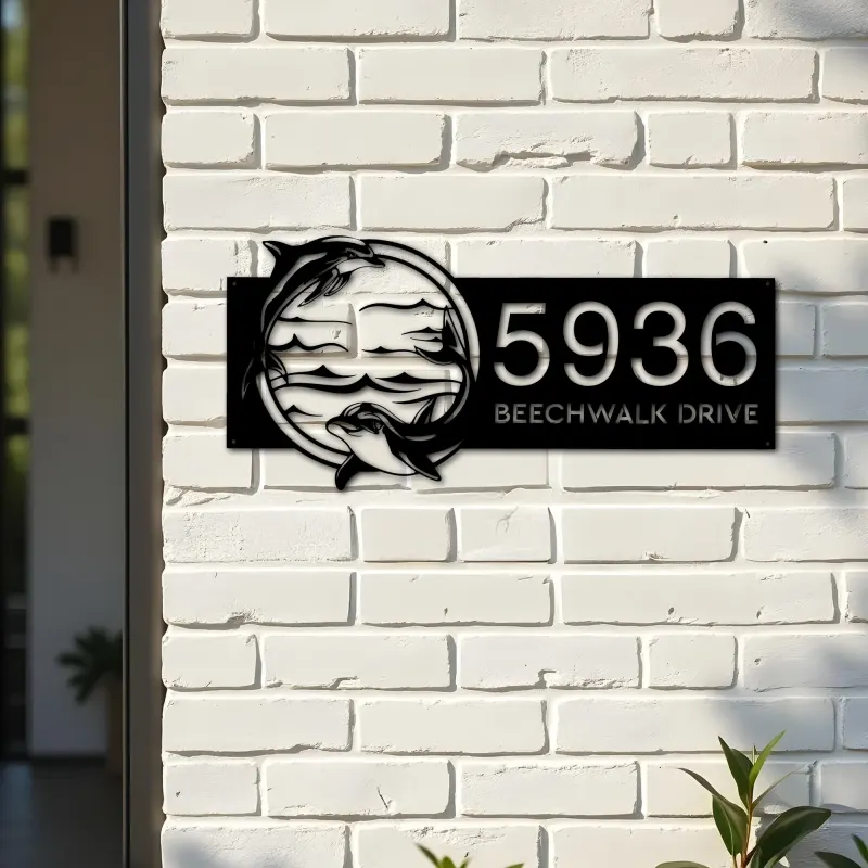 Custom Metal Dolphins sea life animals Metal Address Sign, House number, Outdoor Number Signage, Yard Sign Address Plate