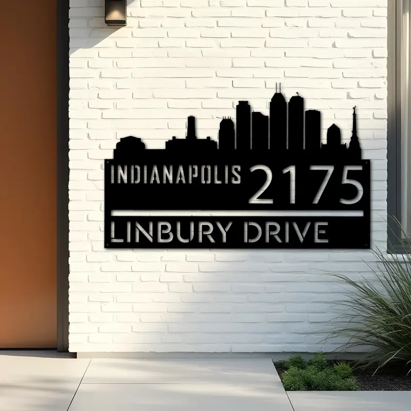 Custom Metal Indianapolis city skyline Metal Address Sign Hanging Address Plaque house number Yard Outdoor Sign