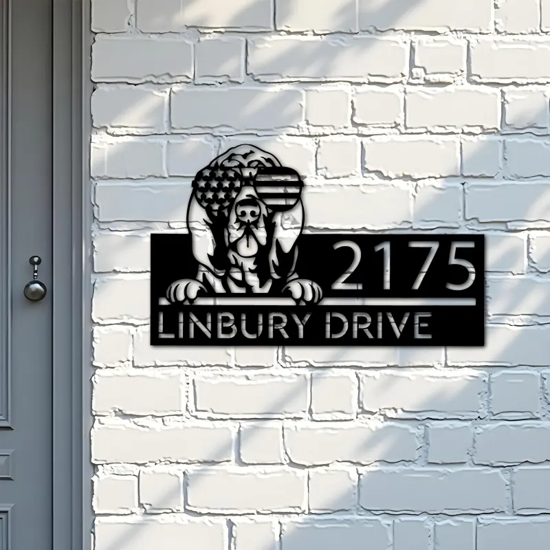 Custom Metal Bloodhound dog US flag glasses Metal Address Sign House number Hanging Address Plaque Yard Sign Outdoor decor