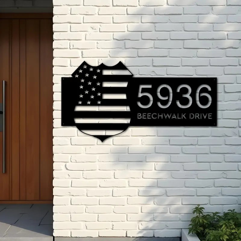 Custom Metal Police badge American Flag Patriotic Metal Address Sign, House number, Outdoor Number Signage, Yard Sign Address Plate