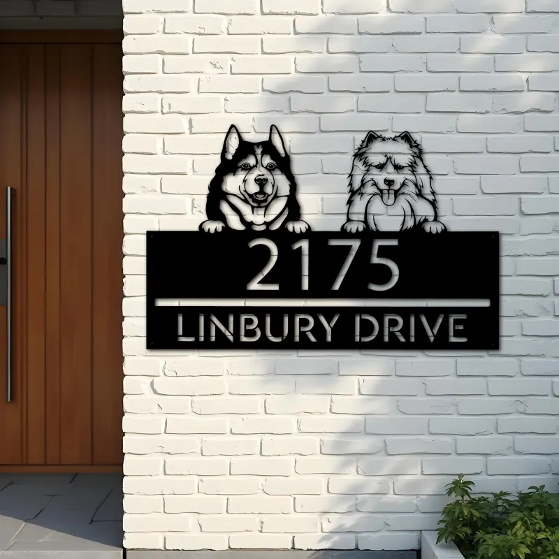 Custom Metal Husky and samoyed dog Puppy Metal Address Sign House number Hanging Address Plaque Yard Sign Outdoor decor