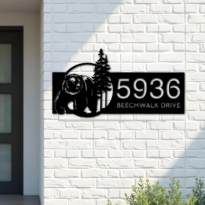 Custom Metal Bear forest scene wild life Metal Address Sign, House number, Outdoor Number Signage, Yard Sign Address Plate