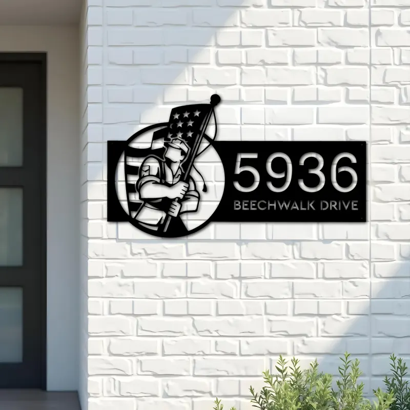 Custom Metal American soldier holding US flag Metal Address Sign, House number, Outdoor Number Signage, Yard Sign Address Plate