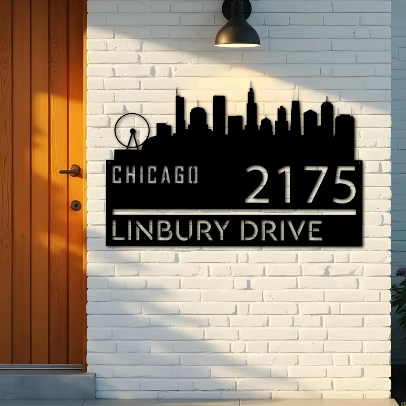 Custom Metal Chicago city skyline Metal Address Sign Hanging Address Plaque house number Yard Outdoor Sign