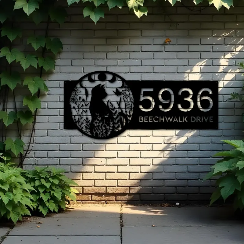 Custom Metal Floral cat moon phases Metal Address Sign, House number, Outdoor Number Signage, Yard Sign Address Plate