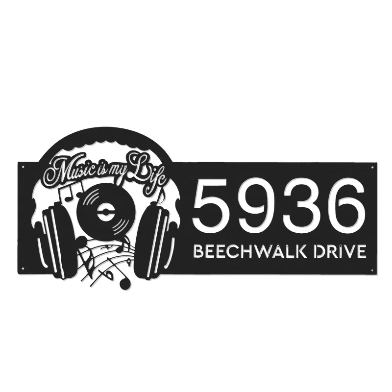 Custom Metal Music is my life headset Metal Address Sign Custom House number Hanging Address Plaque Yard Sign Outdoor