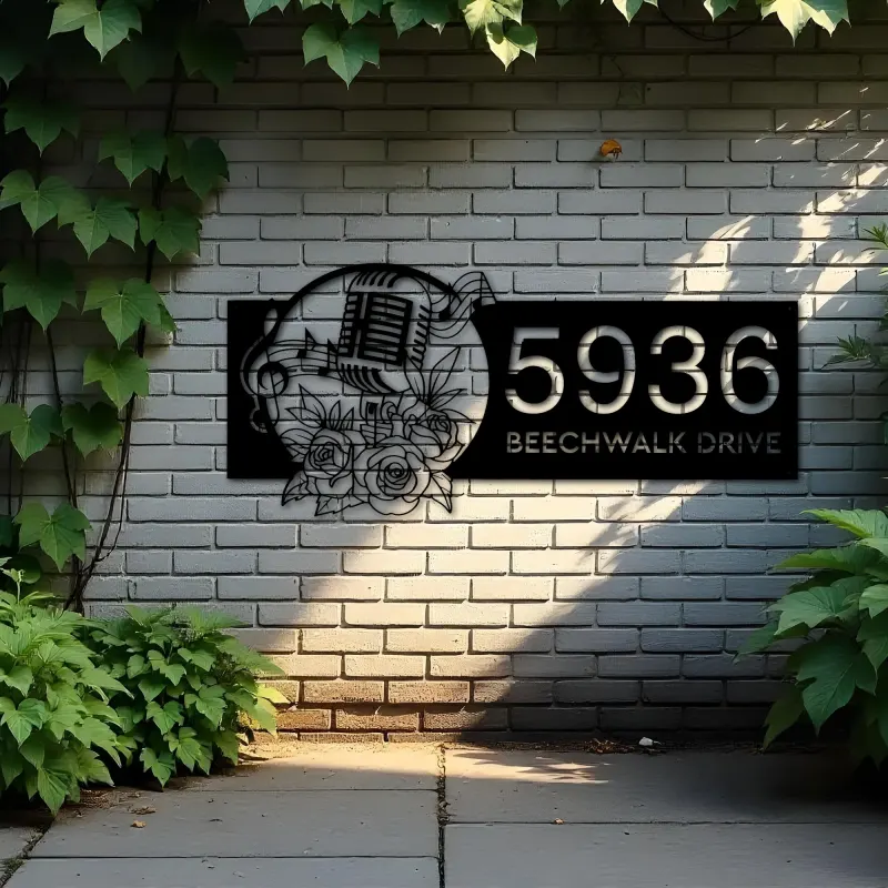 Custom Metal Floral microphone Musical notes Metal Address Sign, House number, Outdoor Number Signage, Yard Sign Address Plate