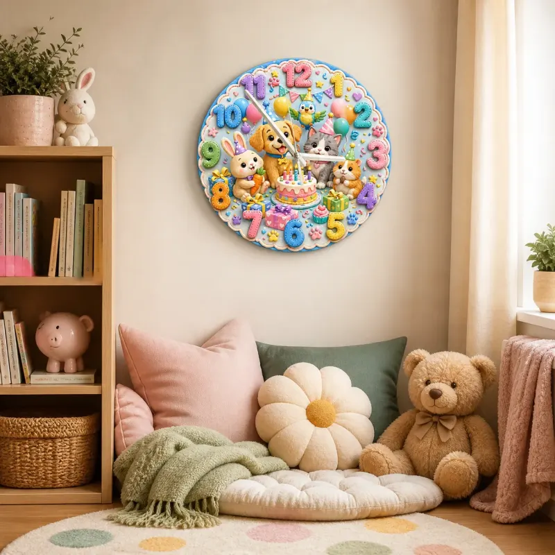 Festive Birthday Party Animals Kids Room Wall Clock
