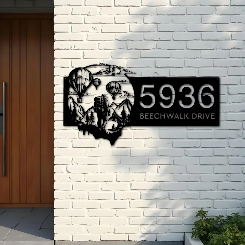Custom Metal Hot Air Balloon Sky Adventure Travel Metal Address Sign, House number, Outdoor Number Signage, Yard Sign Address Plate