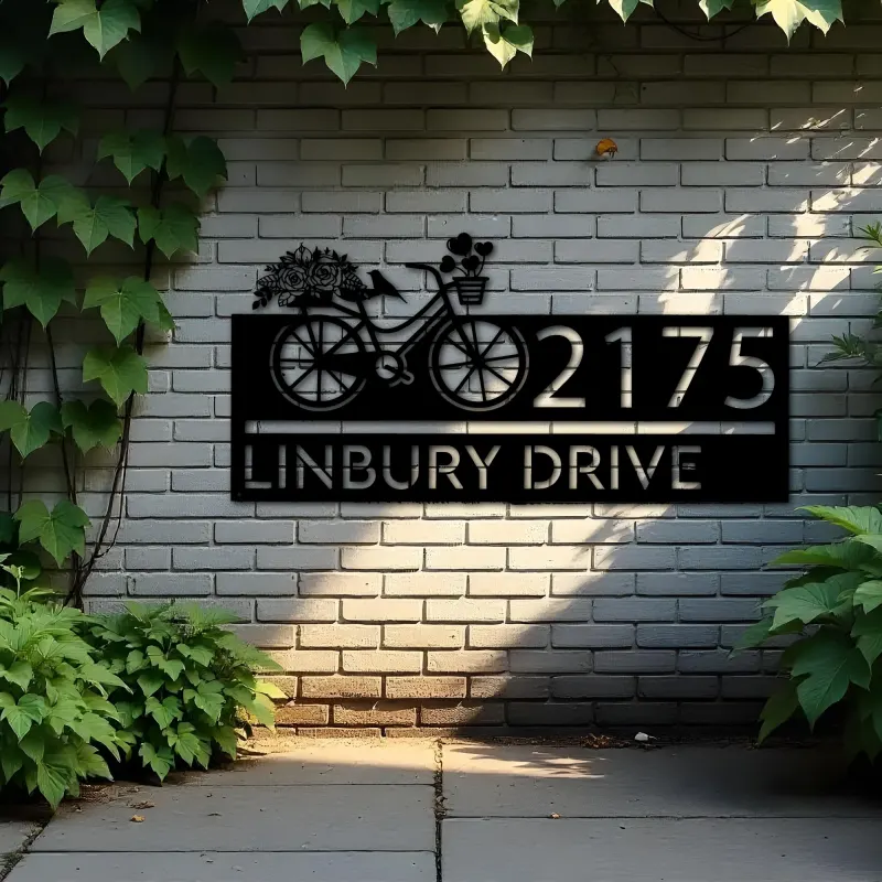 Custom Metal Bicycle with flower and hearts Metal Address Sign, House number, Outdoor Number Signage, Yard Sign Address Plate