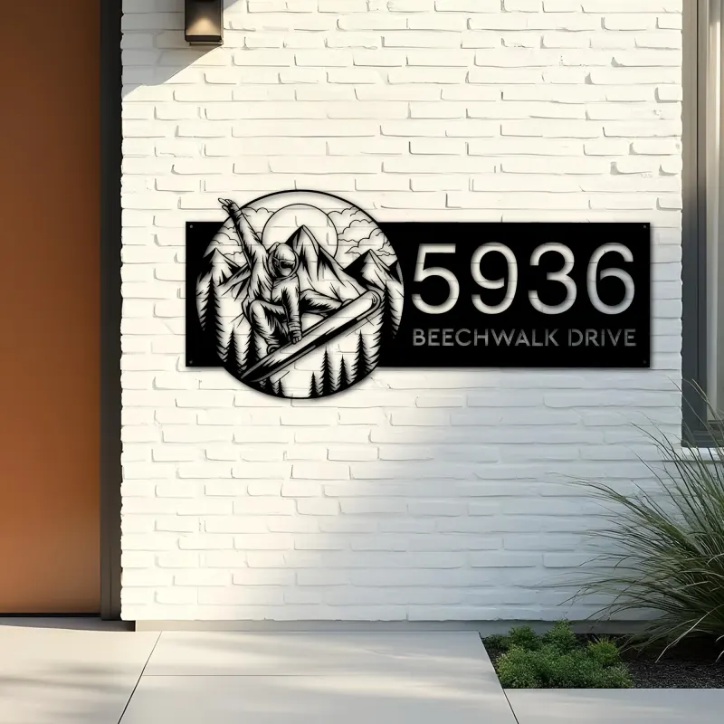 Custom Metal Snowboard Snowboarder winter sport Metal Address Sign, House number, Outdoor Number Signage, Yard Sign Address Plate