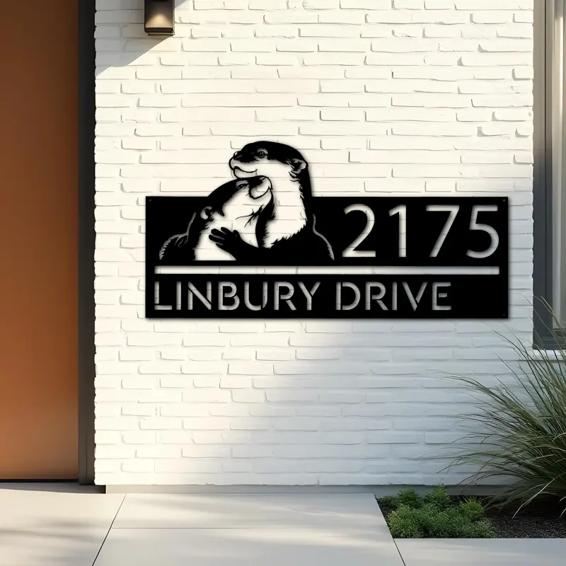 Custom Metal Cute otters couple Metal Address Sign, House number, Outdoor Number Signage, Yard Sign Address Plate