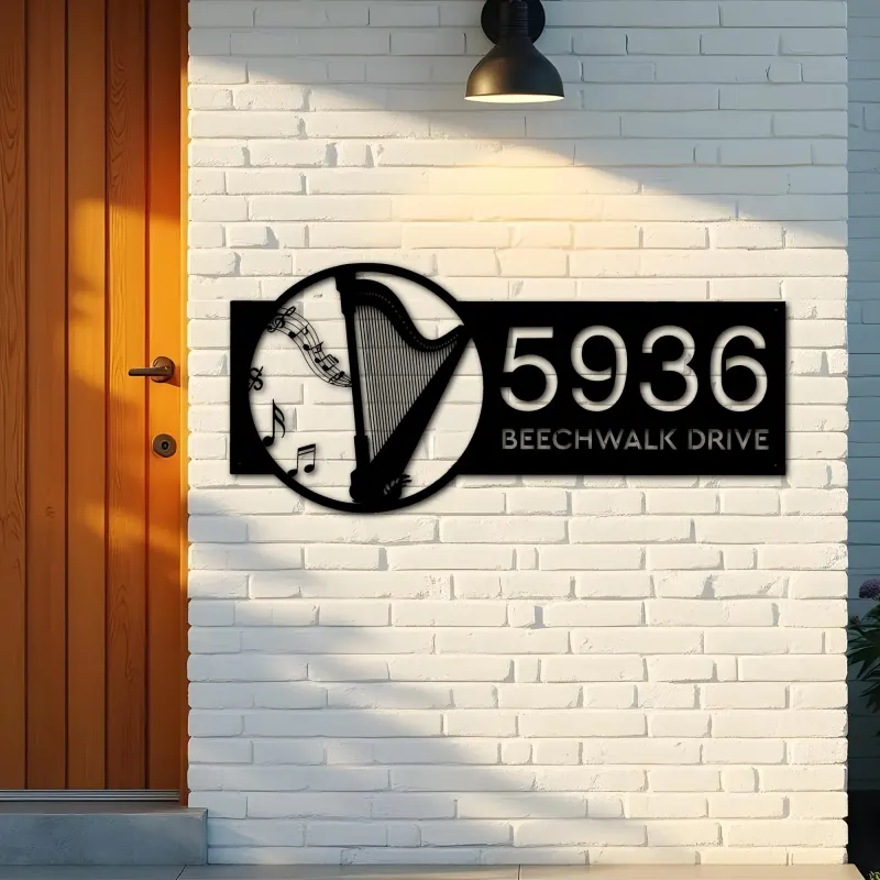 Custom Metal Harp musical instrument Metal Address Sign Custom House number Hanging Address Plaque Yard Sign Outdoor