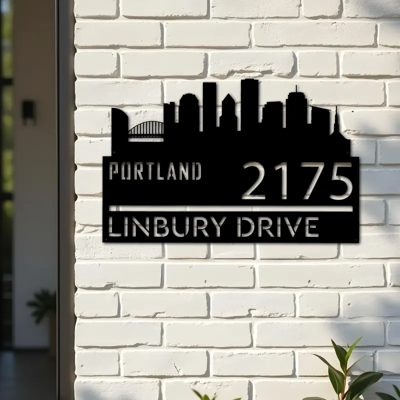 Custom Metal Portland city skyline Metal Address Sign Hanging Address Plaque house number Yard Outdoor Sign