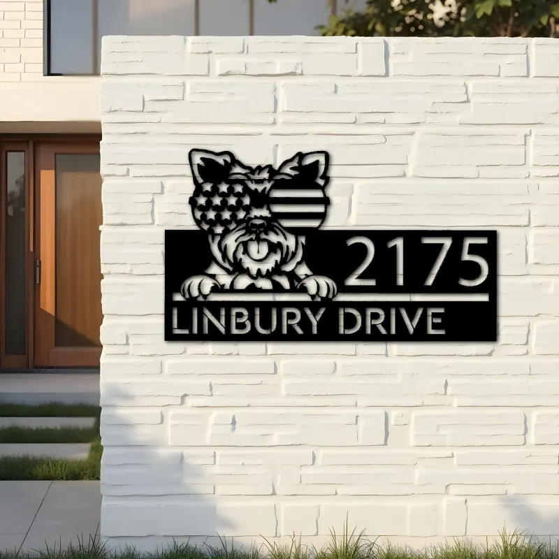 Custom Metal Yorkshire dog US flag glasses Metal Address Sign House number Hanging Address Plaque Yard Sign Outdoor decor