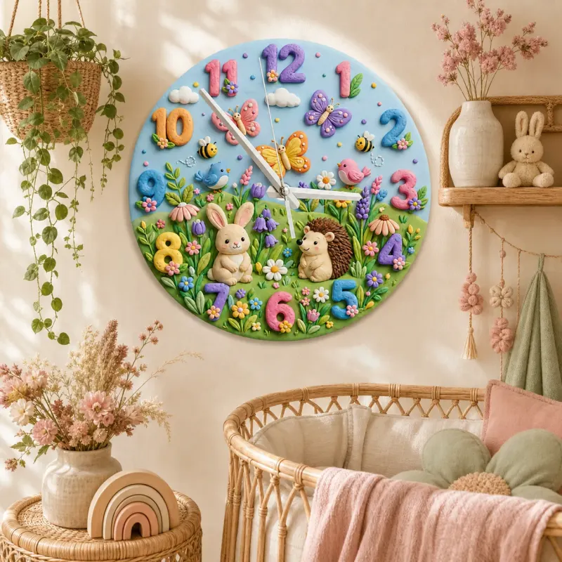 Woodland Bunny & Hedgehog Kids Room Wall Clock