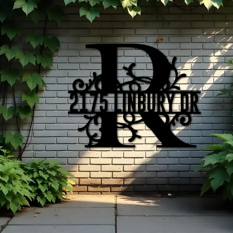 Custom Metal Floral Monogram Split Letter R Metal Address Sign House number Hanging Address Plaque Yard Sign Outdoor decor