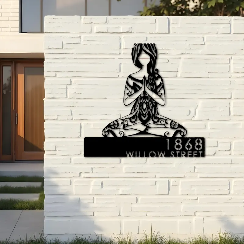Custom Metal Yoga Girl in hippie style Metal Address Sign, House number, Outdoor Number Signage, Yard Sign Address Plate