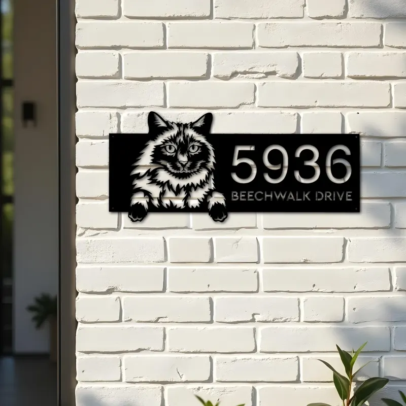 Custom Metal Balinese Cute peeking cat kitten Metal Address Sign, House number, Outdoor Number Signage, Yard Sign Address Plate