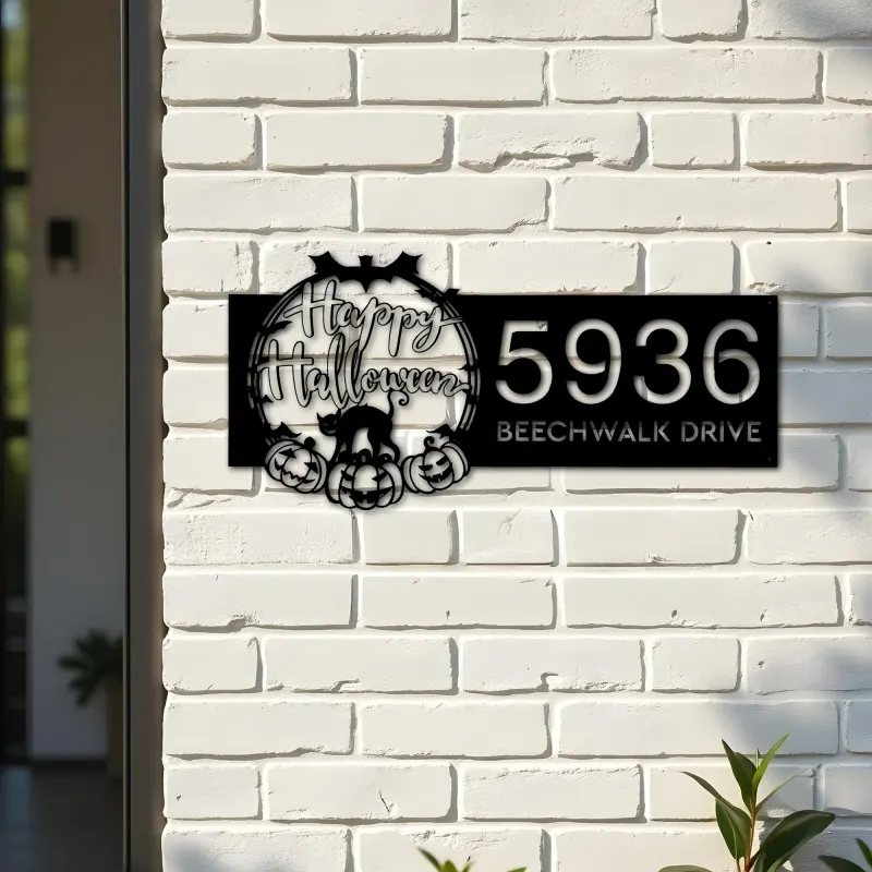 Custom Metal Halloween black cat pumpkins bats Metal Address Sign Custom House number Hanging Address Plaque Yard Outdoor Sign