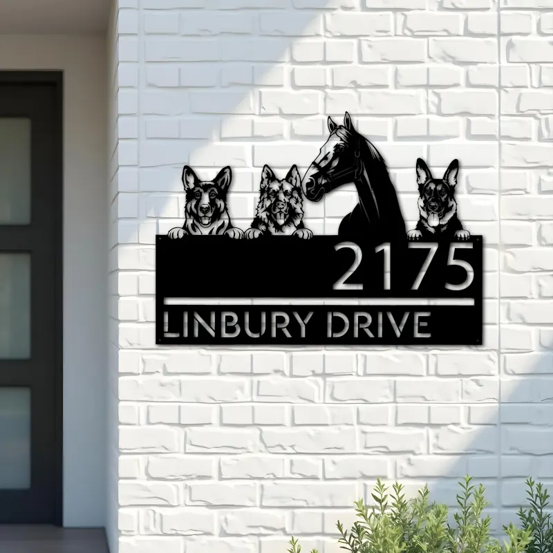 Custom Metal German shepherd Dogs and horse Metal Address Sign House number Hanging Address Plaque Yard Sign Outdoor decor